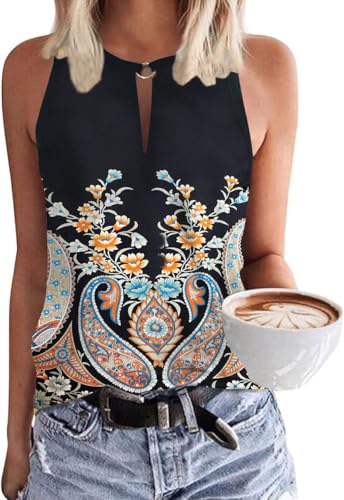SENBATU Tank Top Damen Ärmellose Oberteile Damen Sommer Lässiges V-Ausschnitt Blusen Paisley Boho Blumenmuster Schwarz Klein S 34-36 von SENBATU