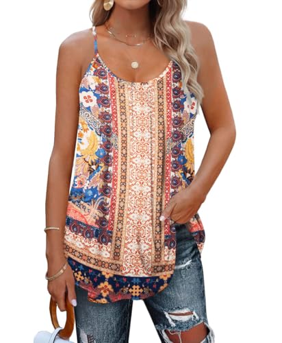 SENBATU Tank Top Damen Spaghettiträger Ärmellose Sommer Oberteile Damen Plissiert Rundhals Bluse Blumenmuster Boho Rosa Klein S 34-36 von SENBATU