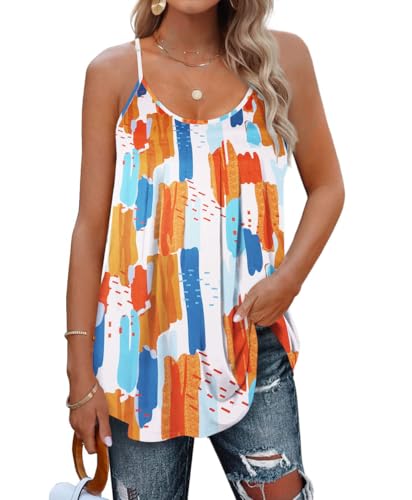SENBATU Tank Top Damen Spaghettiträger Ärmellose Sommer Oberteile Damen Plissiert Rundhals Bluse Blumenmuster Farbblockdruck Klein S 34-36 von SENBATU