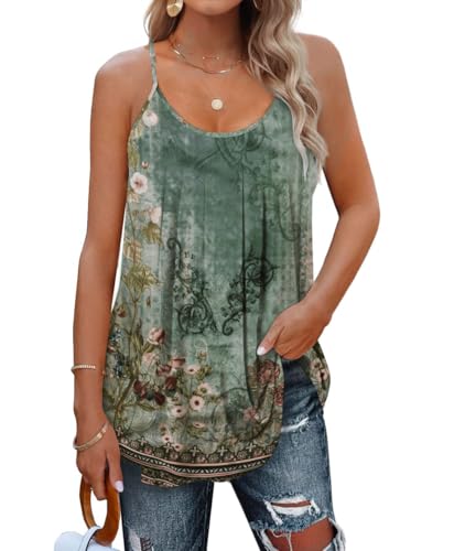 SENBATU Tank Top Damen Spaghettiträger Ärmellose Sommer Oberteile Damen Plissiert Rundhals Bluse Blumenmuster Grünrosa Mittel M 38-40 von SENBATU