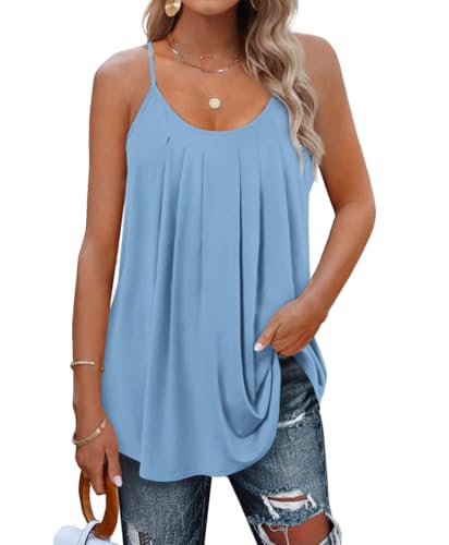 SENBATU Tank Top Damen Spaghettiträger Ärmellose Sommer Oberteile Damen Plissiert Rundhals Bluse Einfarbig Himmel Blau X-Large XL 46-48 von SENBATU