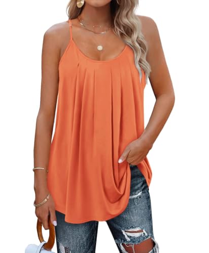 SENBATU Tank Top Damen Spaghettiträger Ärmellose Sommer Oberteile Damen Plissiert Rundhals Bluse Einfarbig Korallen Rosa X-Large XL 46-48 von SENBATU