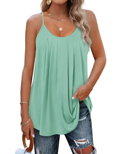SENBATU Tank Top Damen Spaghettiträger Ärmellose Sommer Oberteile Damen Plissiert Rundhals Bluse Einfarbig Mint Grün Groß L 42-44 von SENBATU
