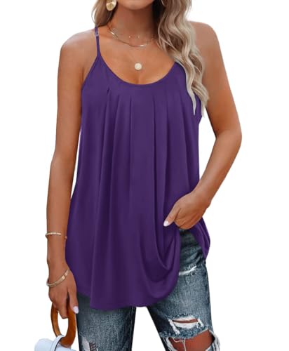 SENBATU Tank Top Damen Spaghettiträger Ärmellose Sommer Oberteile Damen Plissiert Rundhals Bluse Einfarbig Violett XX-Large 2XL 50-52 von SENBATU