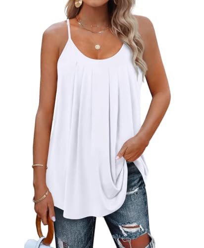 SENBATU Tank Top Damen Spaghettiträger Ärmellose Sommer Oberteile Damen Plissiert Rundhals Bluse Einfarbig Weiß X-Large XL 46-48 von SENBATU