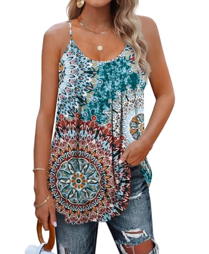 SENBATU Tank Top Damen Spaghettiträger Ärmellose Sommer Oberteile Damen Plissiert Rundhals Bluse Große Größen Oversize Blumenmuster Grün XXX-Large 3XL 54-56 von SENBATU