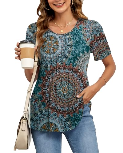 SENBATU Tunika Damen Sommer Kurzarm Rundhals Tshirt Damen Plissee Bluse Blumenmuster Grün X-Large XL 46-48 von SENBATU