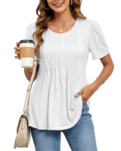 SENBATU Tunika Damen Sommer Kurzarm Rundhals Tshirt Damen Plissee Bluse Einfarbig Weiß XX-Large 2XL 50-52 von SENBATU