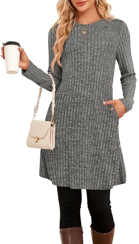 SENBATU Winter-Pullover-Kleider für Damen Midi-Langarm Kausale Knöpfe seitliches Tunika-Kleid mit Taschen(Einfarbig Graus,XX-Large) von SENBATU