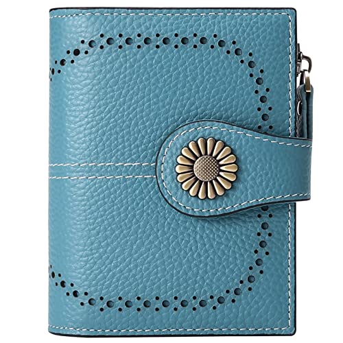 SENDEFN Geldbörse Damen Leder aus weichem Echtleder mit 16Kartenfächer Kurz Portemonnaie und Blocker RFID at-himmelblau von SENDEFN