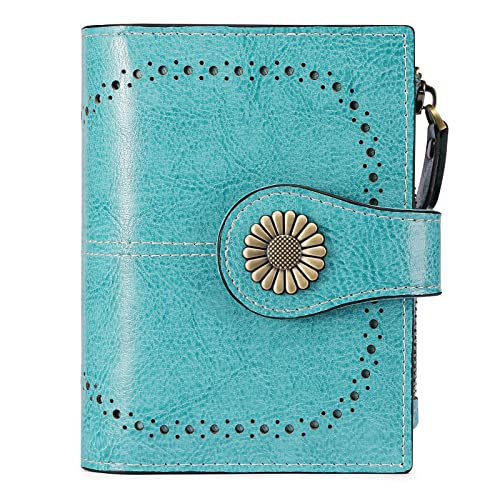 SENDEFN Bifold Purse Card Holder Wallet Echtes Leder RFID Blocking Wallet für Frauen mit 16 Kartenfächern, Meerwasserblau, S, Modern von SENDEFN