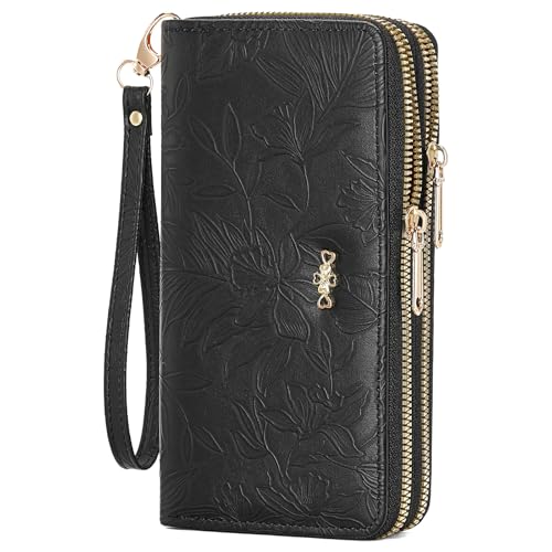 SENDEFN Geldbörse Damen Groß im Langformat, Portemonnaie Damen mit Doppel Reißverschluss, Geldbeutel Damen Clutch Wallet mit Münzfach und Abnehmbarer Handschlaufe, Portmonee Damen von SENDEFN