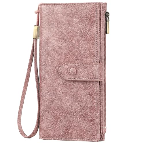 SENDEFN Geldbörse Damen Groß im Langformat Geldbeutel Damen mit RFID Schutz Portemonnaie mit 12 Kartenfächer & Abnehmbarer Handschlaufe Elegantes Portmonee Vintage Leder mit Münzfach von SENDEFN