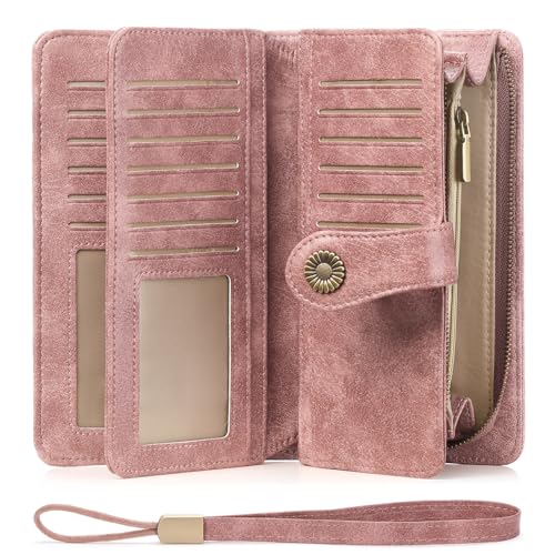 SENDEFN Geldbörse Damen Leder Portmonee Gross Frauen Clutch RFID Schutz Blocking große Kapazität Lang Geldbeutel mit 24 Kartenfächer und Portemonnaie Abnehmbare Handschlaufe von SENDEFN