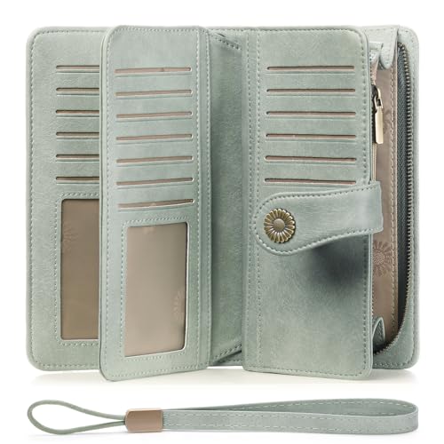 SENDEFN Geldbörse Damen Leder Portmonee Gross Frauen Clutch RFID Schutz Blocking große Kapazität Lang Geldbeutel mit 24 Kartenfächer und Portemonnaie Abnehmbare Handschlaufe von SENDEFN