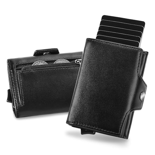 SENDEFN Geldbörse Herren Leder | Portemonnaie Herren mit Münzfach & RFID Schutz | Slim Wallet Kreditkartenetui | Pop-up-Kartenetui aus Aluminium für 7 Karten von SENDEFN