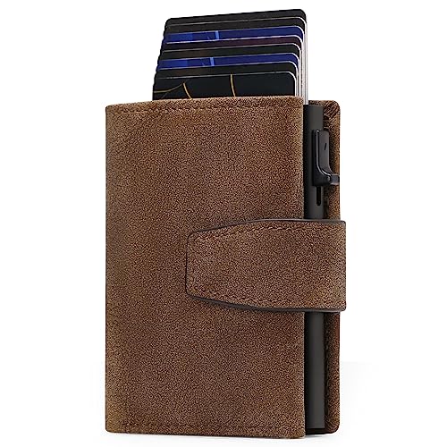 SENDEFN Kartenetui mit Münzfach | Geldbörse Herren RFID Schutz | Geldbeutel aus echtem Leder | Mini Portemonnaie Herren Slim Wallet | Pop-up Kartenhalter | Clip aus Aluminium von SENDEFN