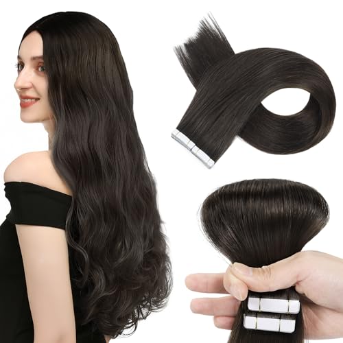 SENDUHAIR Tape Extensions Echthaar, Dunkel Braun Remy Haarverlängerung Echthaar 50cm(20zoll) 30g 12Pcs, #2 Tape in Extensions Unsichtbar Balayage Ombre Haarteile Geschmeidig Echthaar Zopf Für Frauen von SENDUHAIR