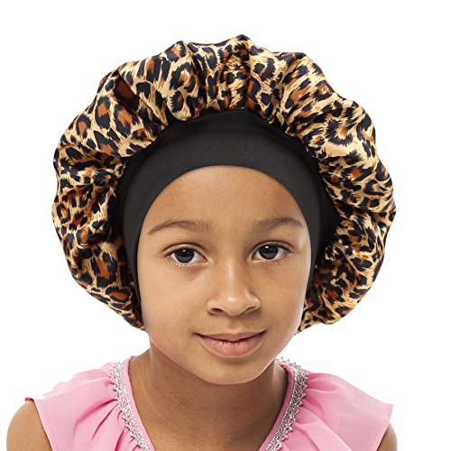 SENGTERM Kinder Satin Schlafmütze Jungen Mädchen Doppelschichten Satin Motorhaube seiden Nachtmütze Elastisches Band Satin Bonnet Night Cap für Haare Haarpflege (2-8 Jahre) (Leopard, Einheitsgröße) von SENGTERM