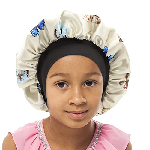 SENGTERM Kinder Satin Schlafmütze Jungen Mädchen Doppelschichten Satin Motorhaube seiden Nachtmütze Elastisches Band Satin Bonnet Night Cap für Haare Haarpflege (2-8 Jahre) (Butterfly, Einheitsgröße) von SENGTERM