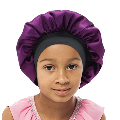 SENGTERM Kinder Satin Schlafmütze Jungen Mädchen Doppelschichten Satin Motorhaube seiden Nachtmütze Elastisches Band Satin Bonnet Night Cap für Haare Haarpflege (2-8 Jahre) (Purple, Einheitsgröße) von SENGTERM