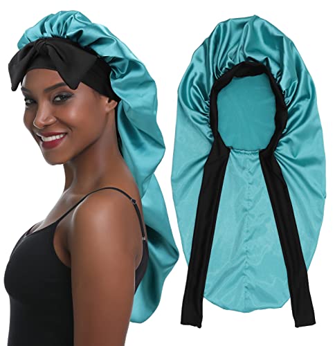 SENGTERM Lange Satin Haarhaube Mädchen seidige Mütze Damen Lange Satin Verstellbar Schlafmütze zum Schlafen Extra Große Satin Schlafmütze für Damen Lange Locken Haar (Green) von SENGTERM