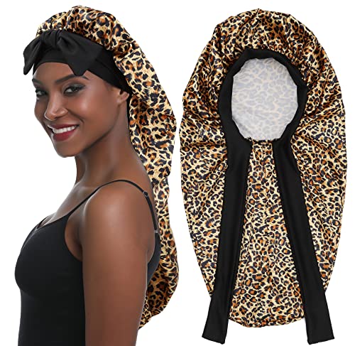 SENGTERM Lange Satin Haarhaube Mädchen seidige Mütze Damen Lange Satin Verstellbar Schlafmütze zum Schlafen Extra Große Satin Schlafmütze für Damen Lange Locken Haar (Leopard) von SENGTERM