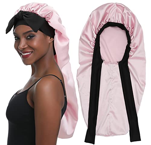 SENGTERM Lange Satin Haarhaube Mädchen seidige Mütze Damen Lange Satin Verstellbar Schlafmütze zum Schlafen Extra Große Satin Schlafmütze für Damen Lange Locken Haar (pink) von SENGTERM