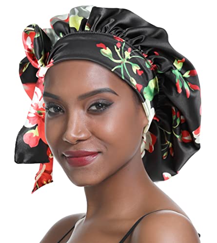 SENGTERM Satin Schlafmütze Doppelschicht Elastisch Satin Bonnet Schluchtrmütze Breites seidiges Band für Schwarze Frauen mit langem und lockigem Haar von SENGTERM