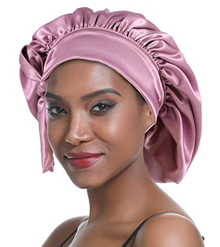 SENGTERM Satin Schlafmütze Doppelschicht Elastisch Satin Bonnet Schluchtrmütze Breites seidiges Band für Schwarze Frauen mit langem und lockigem Haar(Pink) von SENGTERM