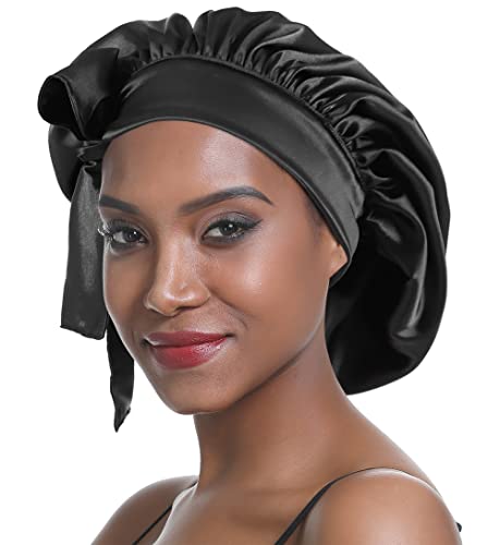 SENGTERM Satin Schlafmütze Doppelschicht Elastisch Satin Bonnet Schluchtrmütze Breites seidiges Band für Schwarze Frauen mit langem und lockigem Haar (Black) von SENGTERM