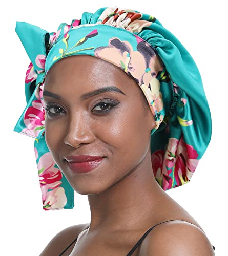 SENGTERM Satin Schlafmütze Doppelschicht Elastisch Satin Bonnet Schluchtrmütze Breites seidiges Band für Schwarze Frauen mit langem und lockigem Haar (Green Flower) von SENGTERM