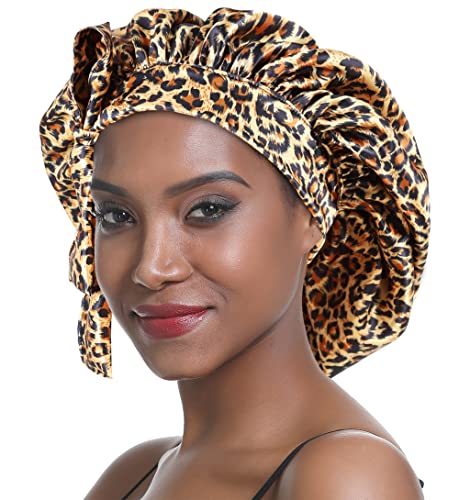 SENGTERM Satin Schlafmütze Doppelschicht Elastisch Satin Bonnet Schluchtrmütze Breites seidiges Band für Schwarze Frauen mit langem und lockigem Haar von SENGTERM