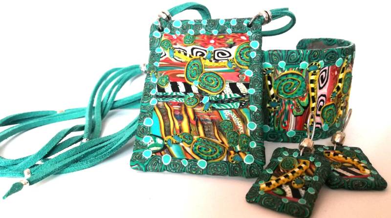 Türkis Polymerclay Schmuck Set Armband Ohrringe Halskette Arisan Jewerly Handgemachte Bunte Boho Onepiece Oneofakind Clayart von SENKAhandmadejewerly