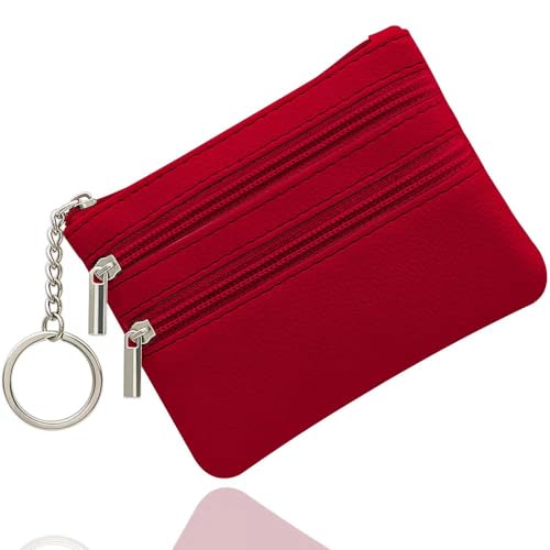 Klein Münzbörse, Leder Geldbörse Kreditkartenbörse mit DREI Fächern, Reißverschluss, Schlüsselanhänger, Klein Geldbeutel Business Card Mini Wallet für Damen(Rot) von SENLINLU