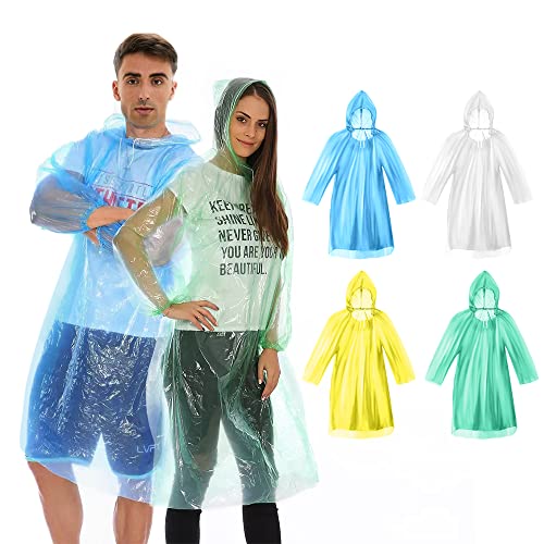 SENLINLU 4 Stück Einweg-Regenponcho, wasserdichter Notfall-Regenmantel-Poncho, wasserdichter Poncho, leichter Regenmantel mit Kordelzug, Erwachsenengröße (4 Farben), Transparent weiß, grün, One size von SENLINLU