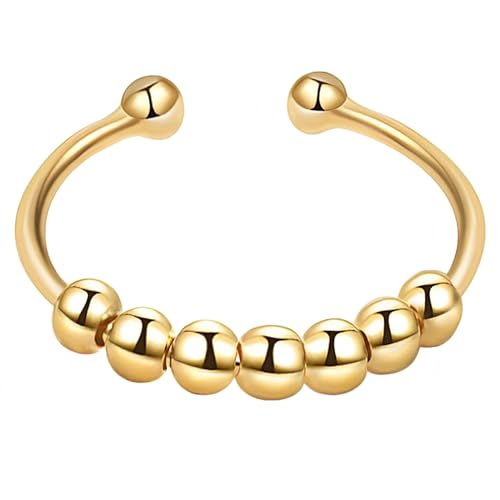 SENLINLU Anti-Stress Ring Damen - Verstellbar mit Beweglichen Perlen Spinner Ring Gold (Größe 50-60) von SENLINLU