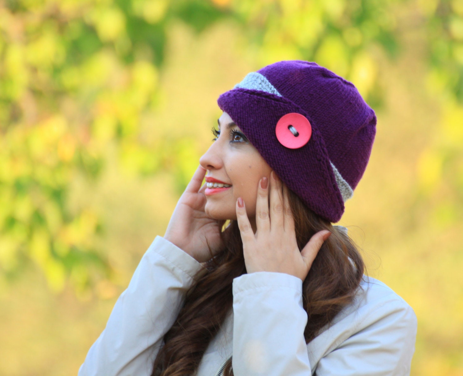 Damen Lila Mütze Mit Knopf, Winter Strickmütze Für Frauen, Hanknit Mütze, Herbst Und Kleidung Frauen von SENNURSASA