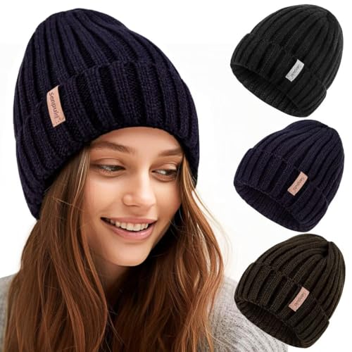 SENPUKI 3er-Pack: Warme Wintermützen für Damen - Gestrickte Beanie Mützen in Schwarz, Armeegrün und Marineblau von SENPUKI