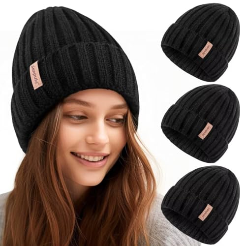 SENPUKI Mütze Damen Winter 3 Stück, Beanie Mütze Damen Warme Gestrickte Modische Mützen, Damen Mütze Winter für Kaltes(Schwarz+Schwarz+Schwarz) von SENPUKI