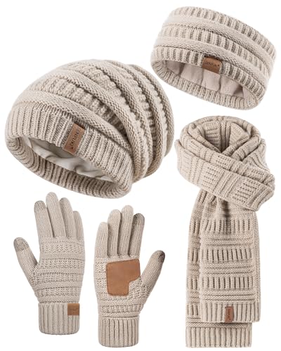 SENPUKI Stirnband, Mütze, Schal & Handschuh-Sets für Damen, Slouchy Beanie Mütze Ohrenwärmer Stricken Schal Touchscreen Handschuhe Warm 4-in-1 Geschenk Set von SENPUKI