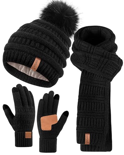 Womens Winter Beanie Hat Scarf Gloves Set, Cute Pom Pom Beanie with Warm Fleece Lined Long Knit Neck Scarf Touchscreen Gloves, 3 Piece Set for Cold Weather von SENPUKI