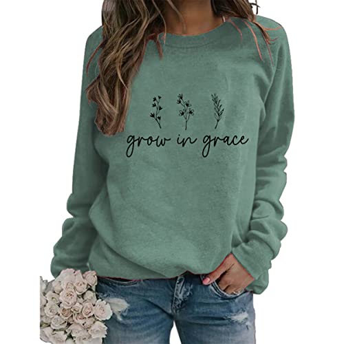 Women Grow in Grace Christian Sweatshirt Lightweight Crew Neck Floral Graphic Pullovers Tops Jesus Faith Shirts Gifts von SENRN