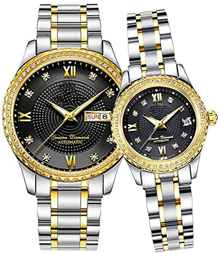 Paare Automatische Selbstaufziehuhren Kalender Datum Luxus Edelstahl Herren und Damen Paar Uhren Sie und Ihn Automatik Uhr Geschenke 2er Set, Zweifarbig Schwarz, Automatikuhr von SENRUD