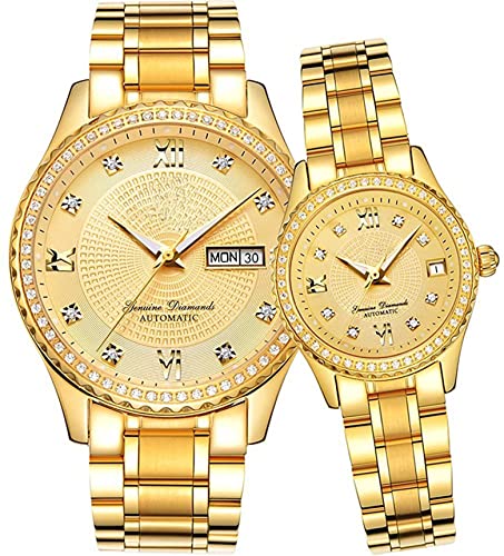 Paare Automatische Selbstaufzug Uhren Kalender Datum Luxus Edelstahl Herren und Damen Paar Uhren Sie und Ihn Automatik Uhr Geschenke 2er Set, gold, Automatikuhr von SENRUD