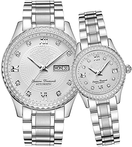 Paare Automatische Selbstaufzug Uhren Kalender Datum Luxus Edelstahl Herren und Damen Paar Uhren Sie und Ihn Automatik Uhr Geschenke 2er Set, silber, Automatikuhr von SENRUD
