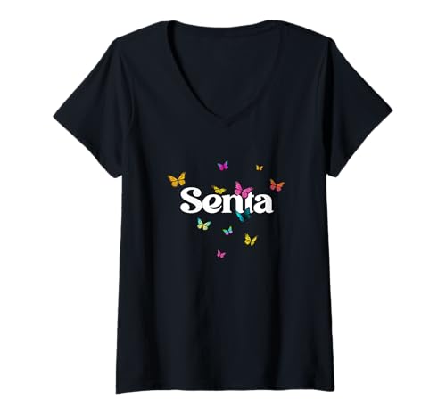 Damen Senta - Schöner Mädchen Name mit bunten Schmetterlingen T-Shirt mit V-Ausschnitt von SENTA Tochter Enkel Geburtstag Geschenkideen
