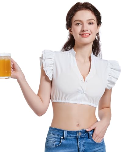 SEO-FANALLY Dirndl Bluse Damen, Dirndlblusen Weiß, Trachtenblusen Damen Weiß, Dirndlbluse Flügelärmel, Dirndlbluse Hochgeschlossen Damen V Ausschnitt Für Tracht Oktoberfest von SEO-FANALLY