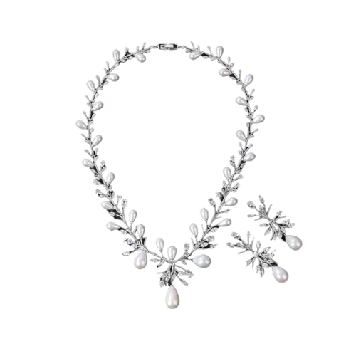 SEPBRIDALS Elegantes 5A Tropfenform Zirkonia & Muschelkernperlen Halskette Ohrringe Set Zweig-Design Choker mit baumelnden Ohrringen, rhodiniertes Kupfer Brautschmuck für Frauen CN10753 von SEPBRIDALS