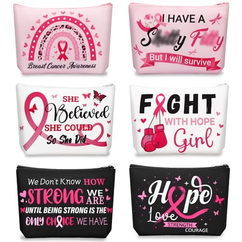 SEPGLITTER Kosmetiktasche für Brustkrebs-Bewusstseins-Make-up-Tasche, rosa Schleife, Brustkrebs-Unterstützung, Reise-Kulturbeutel, Brustkrebs, Überlebende, Geschenke für Frauen, 6 Stück von SEPGLITTER
